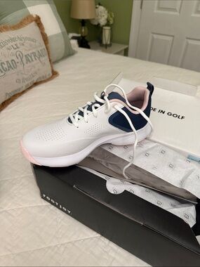 FootJoy White Athletic Golf Shoe with Pink and Navy Accents